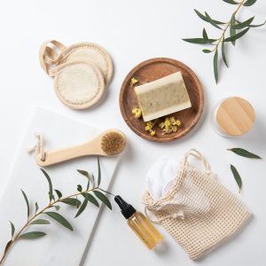Flat lay beauty spa with natural cosmetic products. Eco-friendly and zero waste concept. Top view