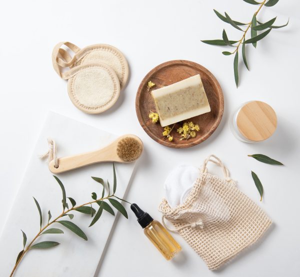 Flat lay beauty spa with natural cosmetic products. Eco-friendly and zero waste concept. Top view