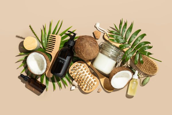Spa coconut products flat lay, face, body and hair organic treatment concept